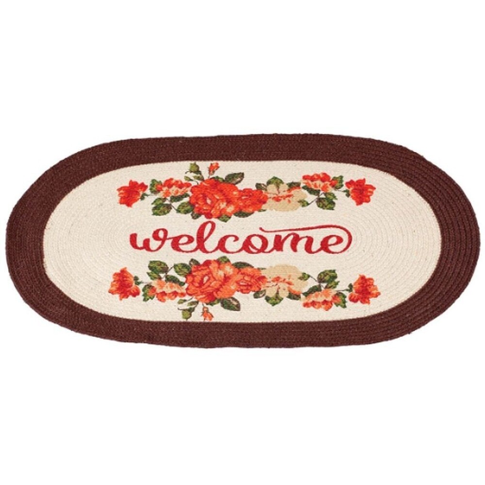 Large Oval Braided Runner Floor Rug (21"x34") FLOWERS, WELCOME, brown borders,BT